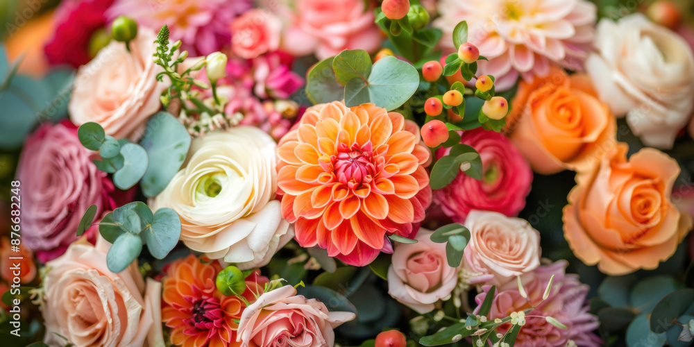 Close-up of a vibrant mixed flower bouquet featuring roses, dahlias, and other blooms with green foliage. Close-up of a vibrant mixed flower bouquet featuring roses, dahlias, and other blooms with green foliage.