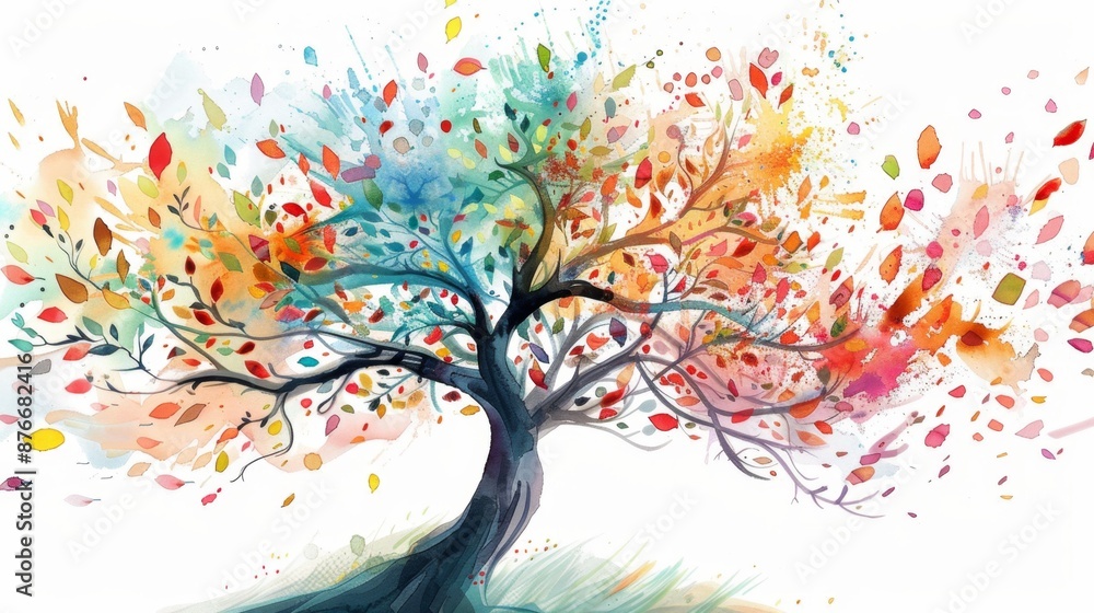 Fototapeta premium abstract watercolor tree with swirling branch on white basckground