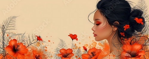 Dreamy illustration of a serene woman amidst a vibrant floral backdrop photo