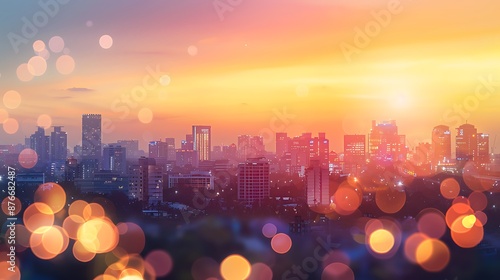 Fototapeta Naklejka Na Ścianę i Meble -  Bokeh light and blur city skyline autumn sunrise background