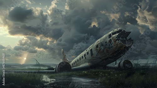 Wallpaper Mural Dramatic Crash Site of Vintage Airplane in Desolate Landscape Torontodigital.ca