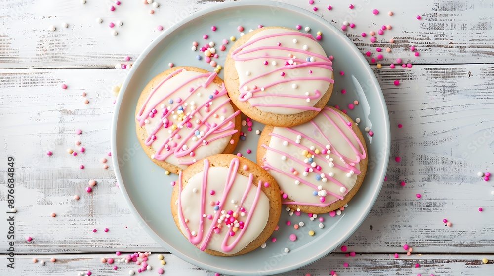 cookies with pink and white icing and sprinkles overhead view on a serving plate against a white wood background cookies with pink and white icing and sprinkles overhead view on a serving plate against a white wood background