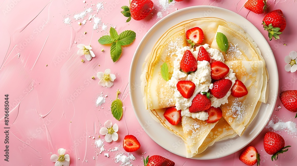 Crepes with ricotta cheese and fresh strawberries on pink pastel background Crepes with ricotta cheese and fresh strawberries on pink pastel background