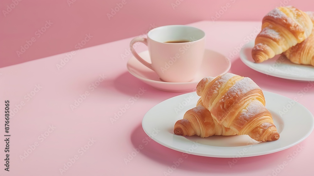 Croissants and coffee cups on pastel colored table top on pink background Croissants and coffee cups on pastel colored table top on pink background