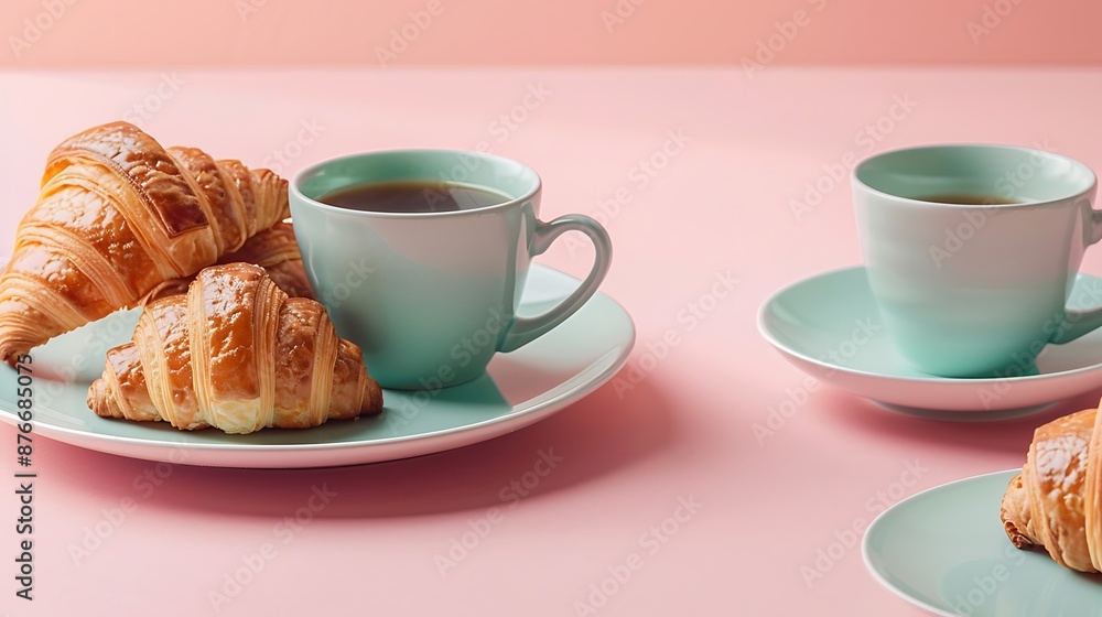 Croissants and coffee cups on pastel colored table top on pink background Croissants and coffee cups on pastel colored table top on pink background