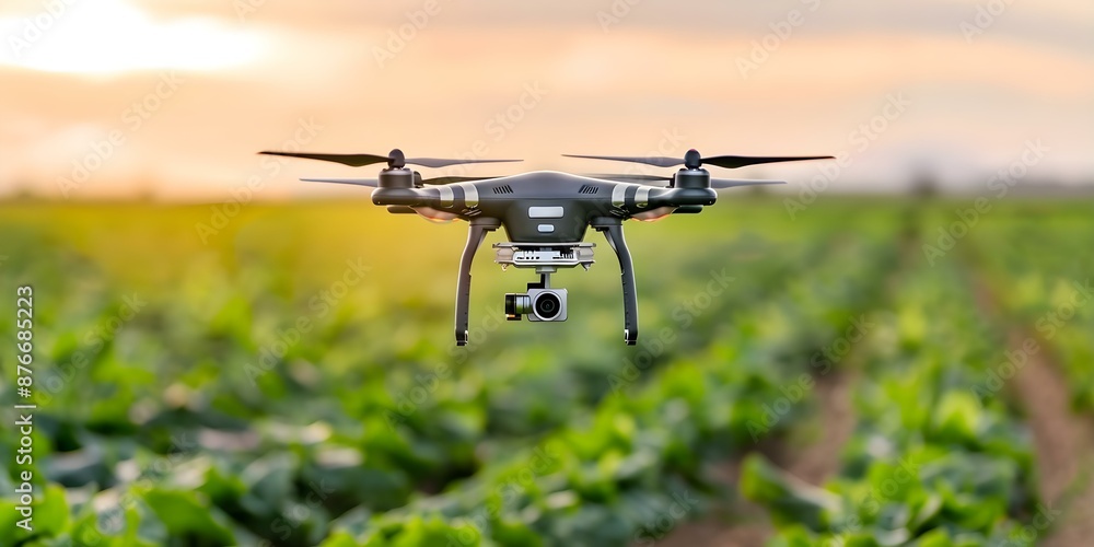 Drones monitor crops in remote areas for smart irrigation system. Concept Agriculture Technology, Remote Monitoring, Crop Management, Smart Irrigation, Drones Drones monitor crops in remote areas for smart irrigation system. Concept Agriculture Technology, Remote Monitoring, Crop Management, Smart Irrigation, Drones