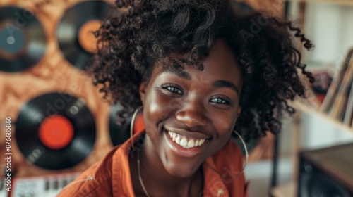 fashion shot of a young woman holding vinil disc in hands over music shop background
