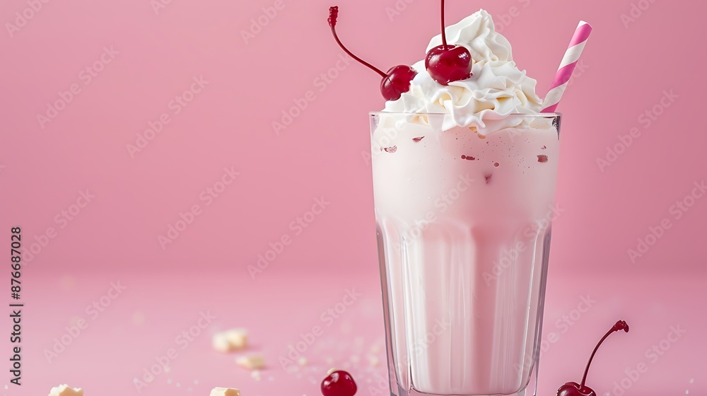 fresh milkshake with cream and cherry on top in glass on pink tabletop fresh milkshake with cream and cherry on top in glass on pink tabletop