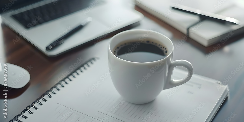 Overhead view of workspace with coffee cup planner and motivational items. Concept Workspace, Overhead View, Coffee Cup, Planner, Motivational Items Overhead view of workspace with coffee cup planner and motivational items. Concept Workspace, Overhead View, Coffee Cup, Planner, Motivational Items