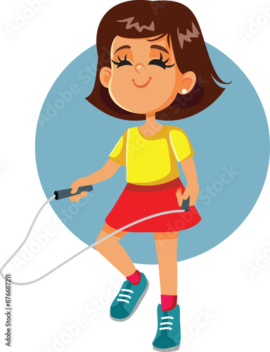 Little Girl Jumping Rope Playing by Herself Vector Isolated Character. Child rope skipping feeling energetic and happy 
