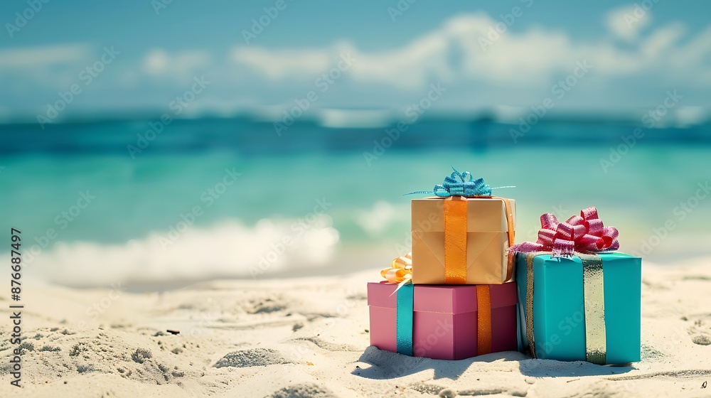 Naklejka premium Gift boxes on sandy beach hot tours or holiday vacation concept with summer sea background