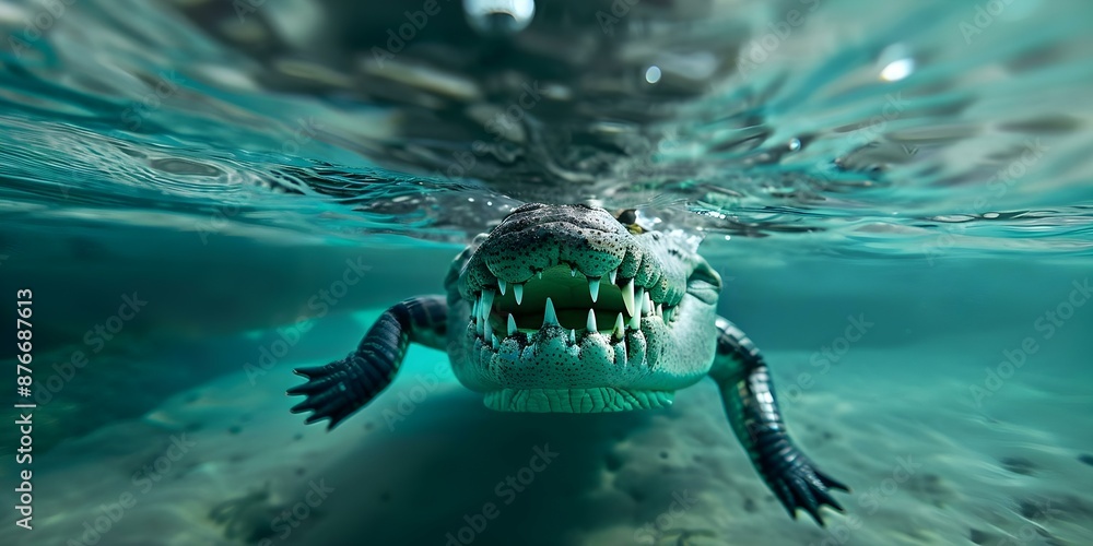 Fototapeta premium Aggressive large crocodile with sharp teeth lurking underwater in a swamp. Concept Wildlife Photography, Dangerous Encounters, Reptiles of the Swamp