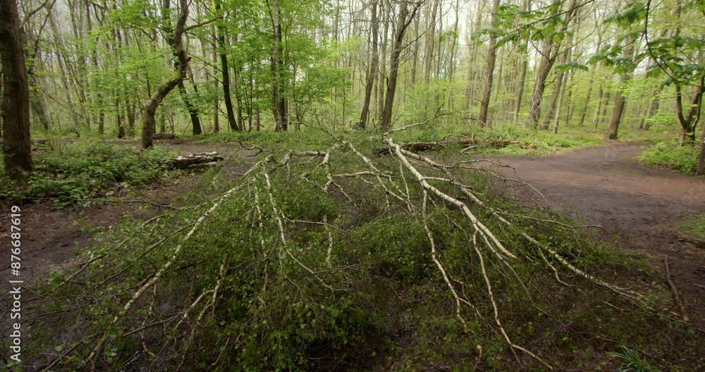 wide shot looking across of silver Birch trees fallen over a forest path with silver Birch trees and brambles in a forest in Nottinghamshire. Filmed in April 2024 wide shot looking across of silver Birch trees fallen over a forest path with silver Birch trees and brambles in a forest in Nottinghamshire. Filmed in April 2024