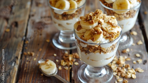 Greek yogurt banana parfait on a wood background