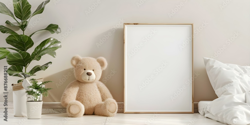Mockup of empty wooden frame with teddy bear in modern kids room. Concept kids room decor, wooden frame, modern design, teddy bear, mockup Mockup of empty wooden frame with teddy bear in modern kids room. Concept kids room decor, wooden frame, modern design, teddy bear, mockup