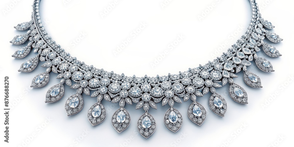 Beautiful diamond necklace on a white background, jewelry, luxury, elegant, fashion, crystal, accessory, gemstone, precious Beautiful diamond necklace on a white background, jewelry, luxury, elegant, fashion, crystal, accessory, gemstone, precious