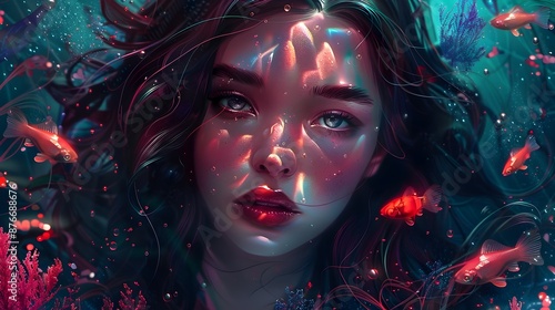 Enchanting Underwater Maiden Surrounded by Glowing Ethereal Fish in Surreal Fantasy Portrait