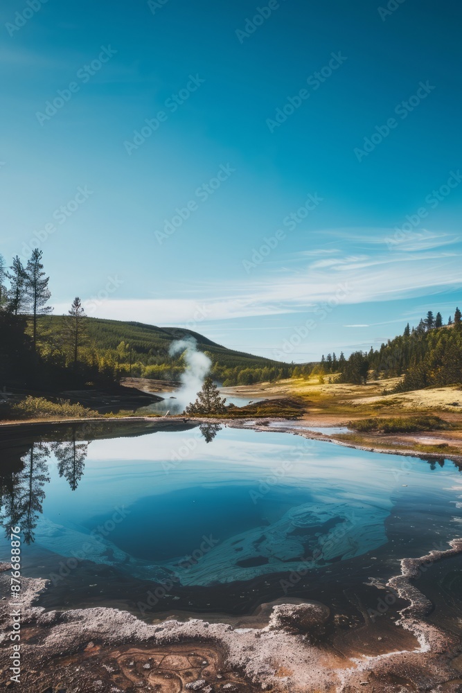 Obraz premium A tranquil scene featuring a geyser pool reflecting the surrounding landscape, its surface disturbed only by occasional bubbling, Generative AI