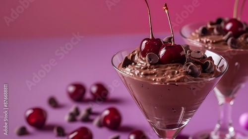 Homemade delicious chocolate mousse or pannacota with cherry in a glasses on purple background photo