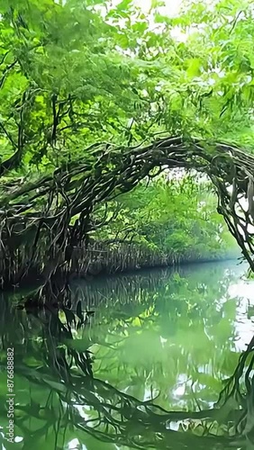 Mangrove jungle river with reflections. Sicao Green Tunnel in Taijiang National Nature Park, Tainan, Taiwan. Beautiful, calm, relaxing and scenic environment. Taiwanese tourist destination photo