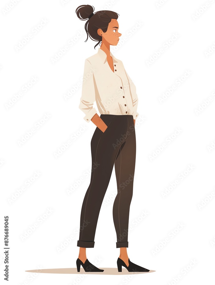 Elegant illustration of a woman in business attire, standing with her hands in pockets, showcasing confidence and modern fashion. Elegant illustration of a woman in business attire, standing with her hands in pockets, showcasing confidence and modern fashion.