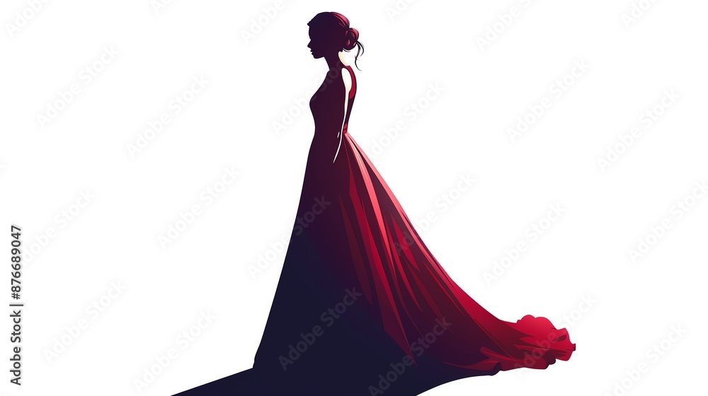 Elegant silhouette of a woman in a flowing red gown, styled hair, isolated on a white background in a dramatic pose, capturing timeless beauty. Elegant silhouette of a woman in a flowing red gown, styled hair, isolated on a white background in a dramatic pose, capturing timeless beauty.