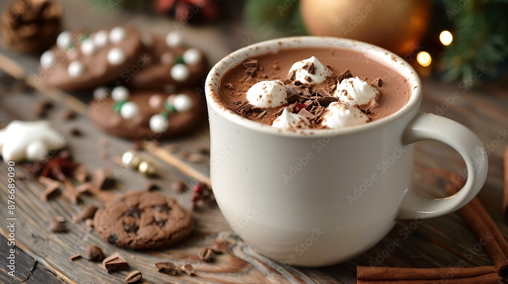 Homemade hot chocolate mug with and Christmas cookie shot on rustic wooden Christmas table Homemade hot chocolate mug with and Christmas cookie shot on rustic wooden Christmas table