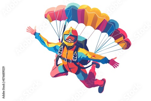 Colorful illustration of a skydiver in mid-air with an open parachute against a white background.
