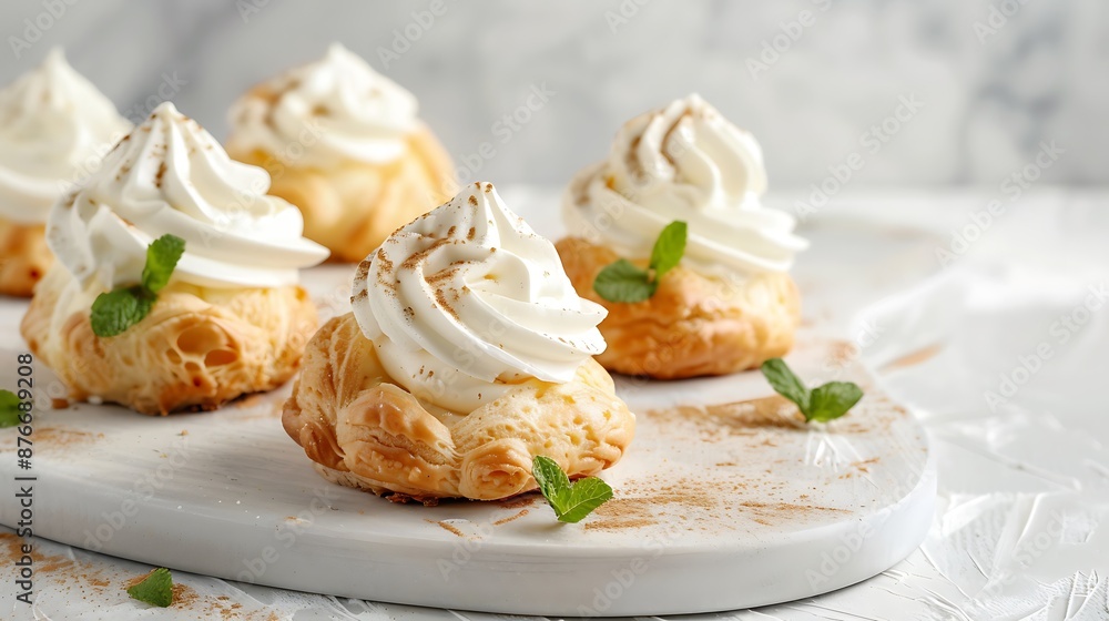 Homemade profiteroles with cream on light background Homemade profiteroles with cream on light background
