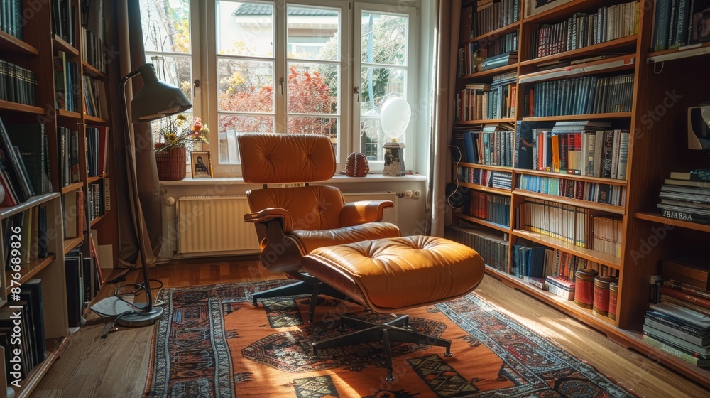 Cozy home library with a leather armchair and bookshelves bathed in sunlight. Concept of relaxation, reading, and intellectual pursuit. Cozy home library with a leather armchair and bookshelves bathed in sunlight. Concept of relaxation, reading, and intellectual pursuit.