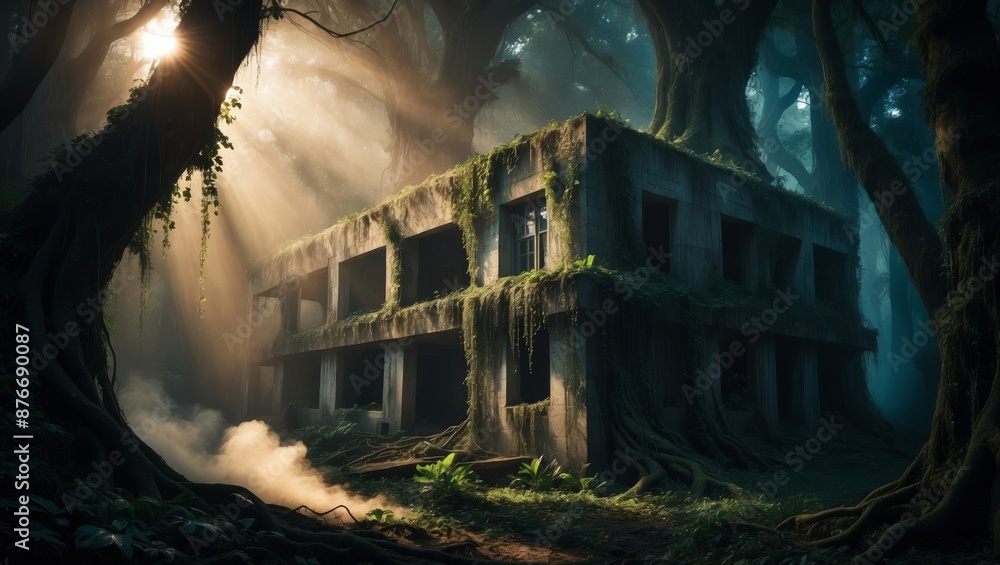 Obraz premium Sunlight shines on overgrown concrete building in jungle