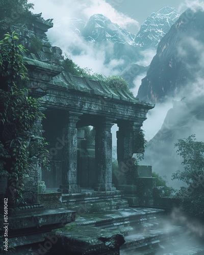 Ancient temple in misty mountains with overgrown greenery, exuding mystery and timelessness, set against a dramatic, foggy backdrop. photo