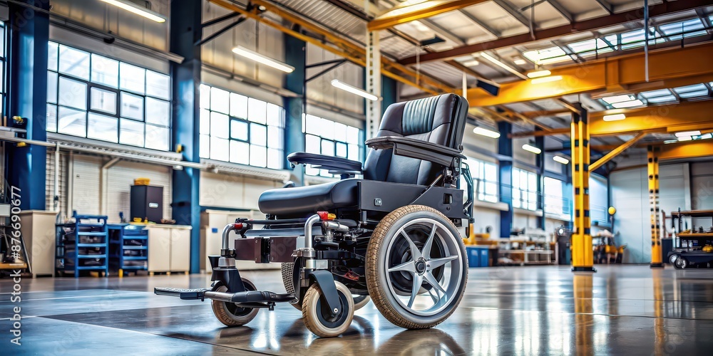 Obraz premium Powered wheelchair in a workshop setting, workshop, handicapped, disability, mobility, accessibility, technology