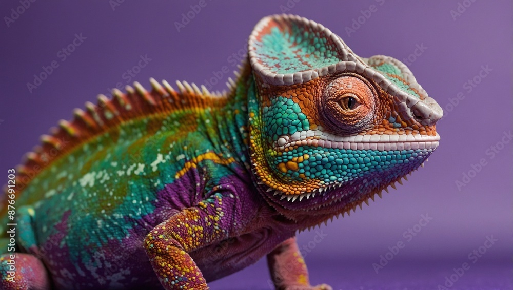 Fototapeta premium Majestic chameleon displaying a spectrum of hues on a luxurious purple canvas