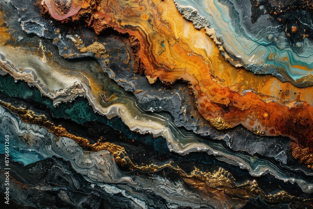 A painting of a rocky ocean floor with a gold and blue stripe A painting of a rocky ocean floor with a gold and blue stripe