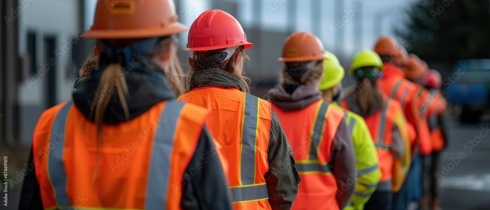 A group of construction workers wearing orange vests and hard hats A group of construction workers wearing orange vests and hard hats
