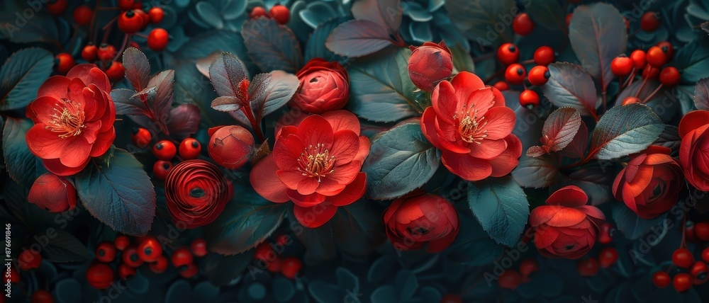 A bouquet of red flowers with green leaves A bouquet of red flowers with green leaves