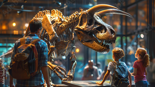 A family marvels at a dinosaur skeleton in a museum, pointing and discussing the ancient creature's massive bones.