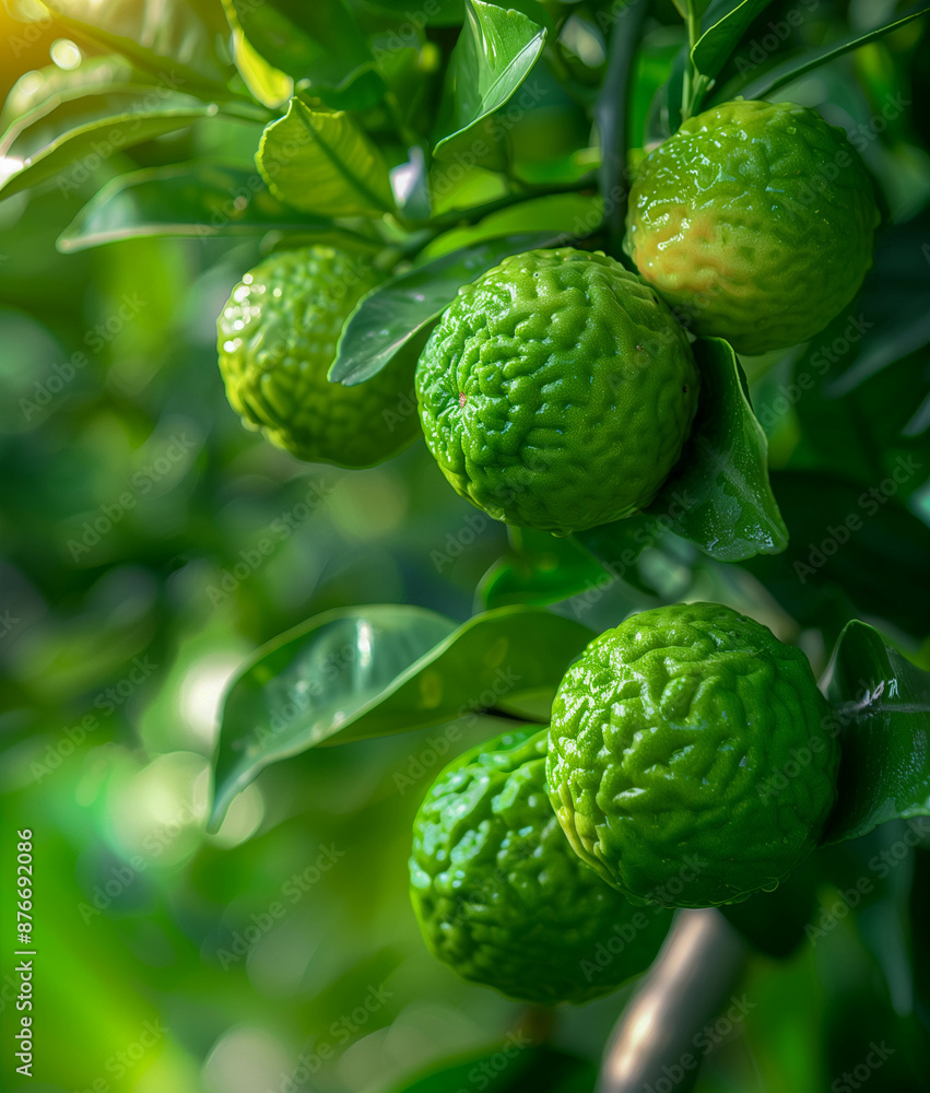 Obraz premium A close-up of a bunch of round, green bergamot fruits hanging from a tree branch