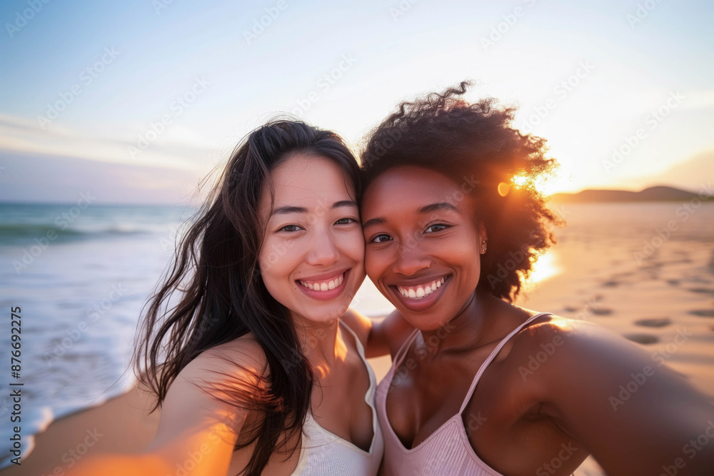 Smiling Asian and African American women taking a selfie on a beach at sunset, capturing a joyful moment Smiling Asian and African American women taking a selfie on a beach at sunset, capturing a joyful moment