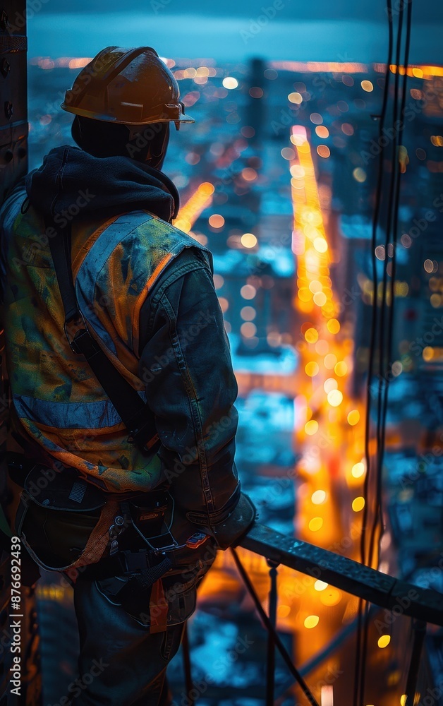 A man in a safety vest stands on a ledge looking out over a city A man in a safety vest stands on a ledge looking out over a city