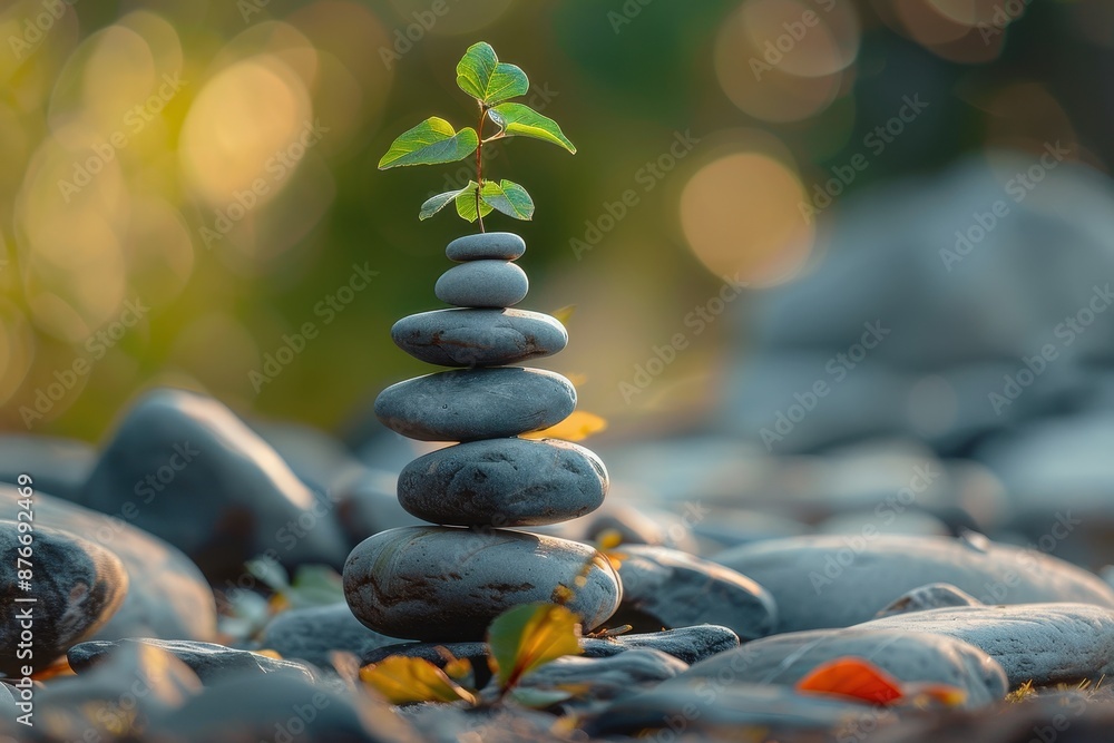Obraz premium A small plant is growing on top of a stack of rocks