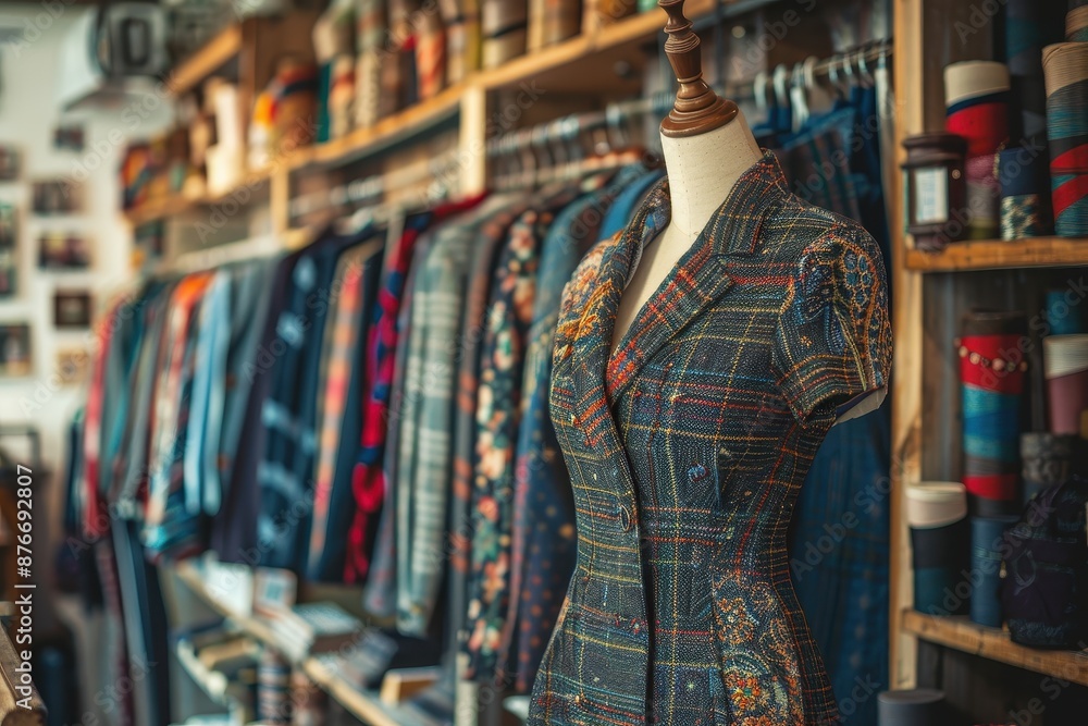 A mannequin is dressed in a blue and white dress with a floral pattern A mannequin is dressed in a blue and white dress with a floral pattern