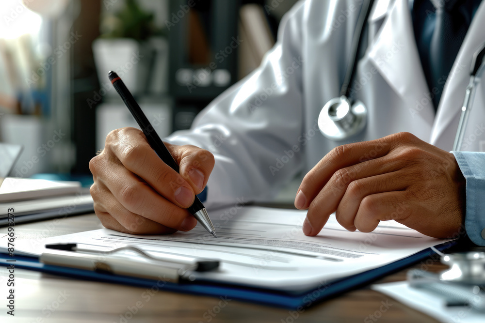 The doctor is writing a diagnosis report The doctor is writing a diagnosis report