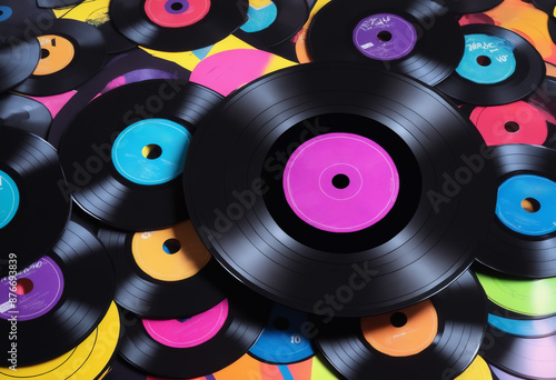 Colorful vinyl records stacked together, showcasing vibrant labels. Music themed designs, retro party promotions, or nostalgic audio equipment advertisements.