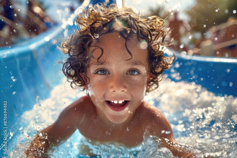 In the summer swimming pool, the boy smiling at the camera In the summer swimming pool, the boy smiling at the camera