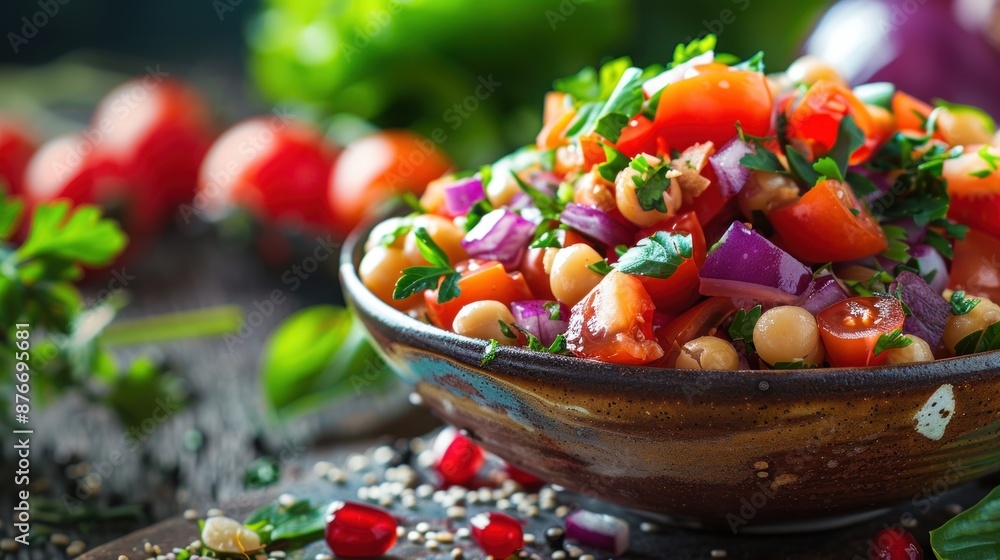 Close-up of a Vibrant Chickpea Salad with Tomatoes and Red Onion Close-up of a Vibrant Chickpea Salad with Tomatoes and Red Onion