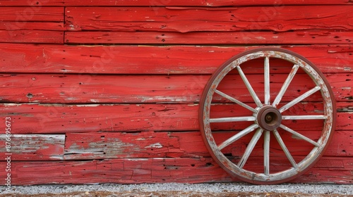 Rustic wooden wagon wheel against a red barn wall. Concept of vintage, history, and rural life.