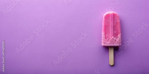 Pink ice pop on a purple background top view Frozen strawberry ice cream on a wooden stick , Pink, strawberry, purple, stick, background, cream © surapong