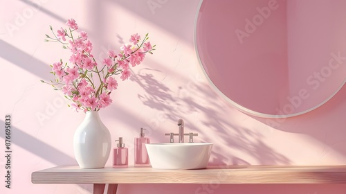 Soft pink light bathroom decor for advertising, design, cover, set of cosmetic bottles, mirror on a wooden shelf. mock up